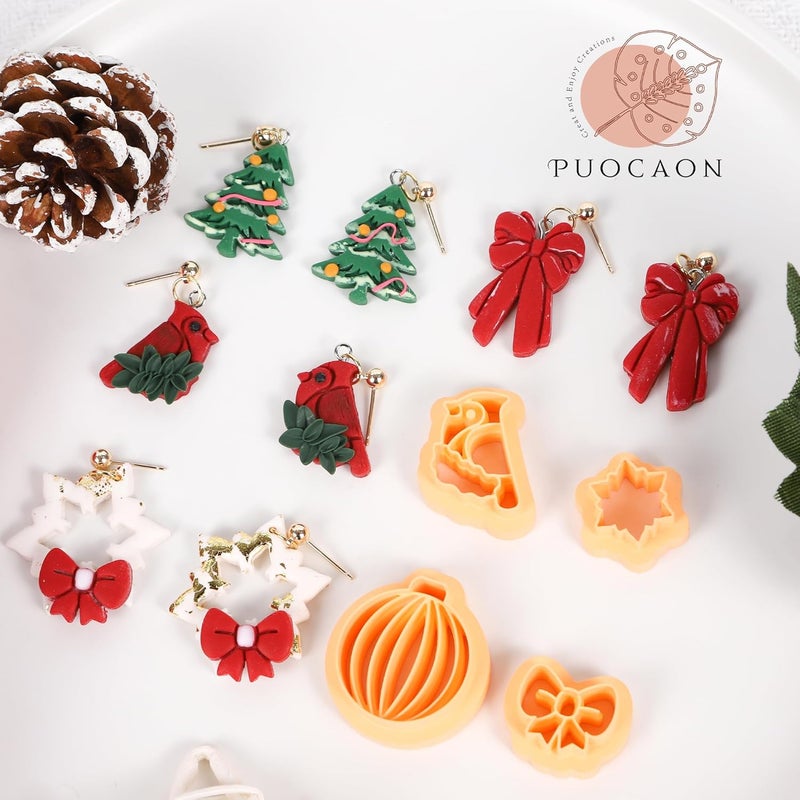 Puocaon Christmas Polymer Clay Cutters - 21 Pcs Christmas Wreath Polymer Clay Cutters for Jewelry Earrings Xmas Tree Bow Ornament Bow Cardinal Bell Swirl Candy Cane - Image 5